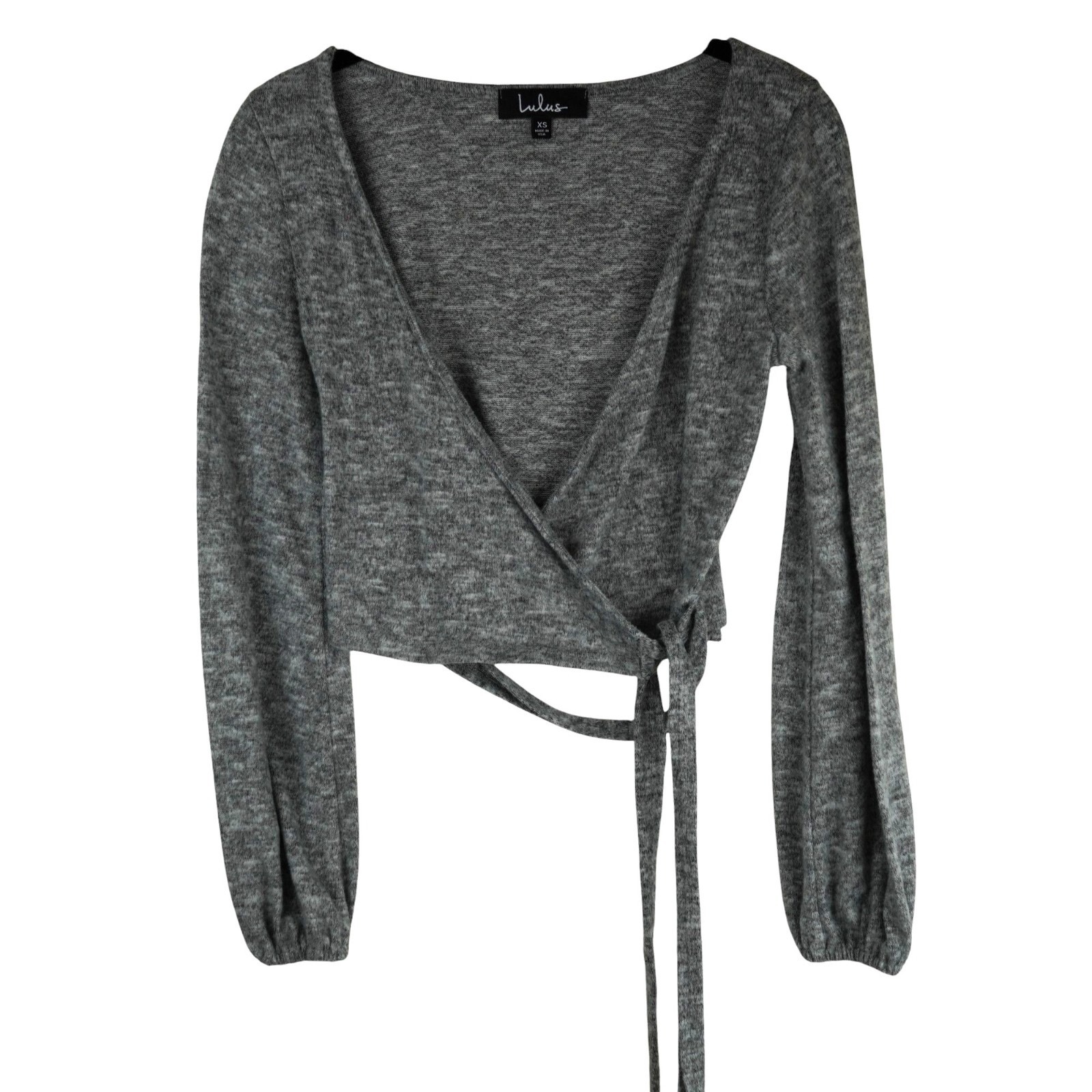 Nwot Lulus Womens Xs Gray Cropped Wrap Tie Long Sleeve Sweater